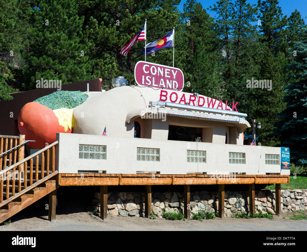 Coney Island Colorado in Bailey, Colorado is a 1950s diner shaped like a giant hot dog, with toppings. Stock Photo