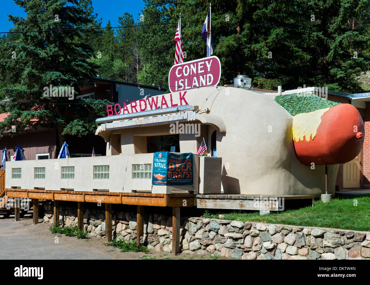 Coney Island Colorado in Bailey, Colorado is a 1950s diner shaped like a giant hot dog, with toppings. Stock Photo