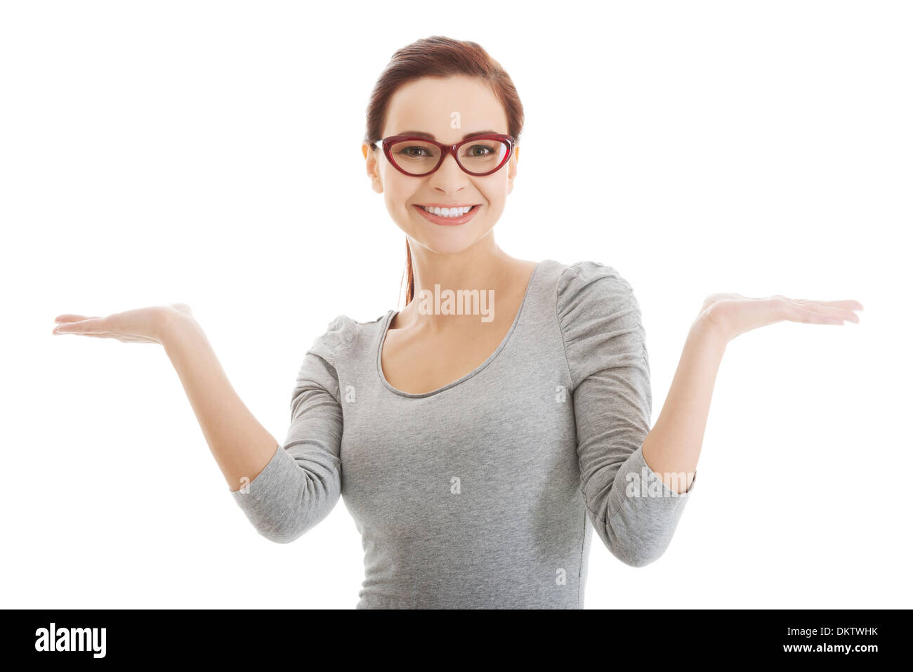 Beautiful casual woman with empty copy space on hands. Isolated on ...