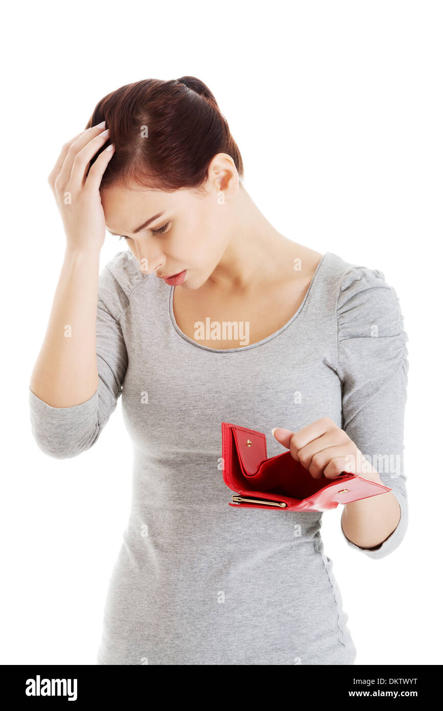 Scared Empty Wallet Beautiful casual woman with empty wallet, worrying. Isolated on white ...