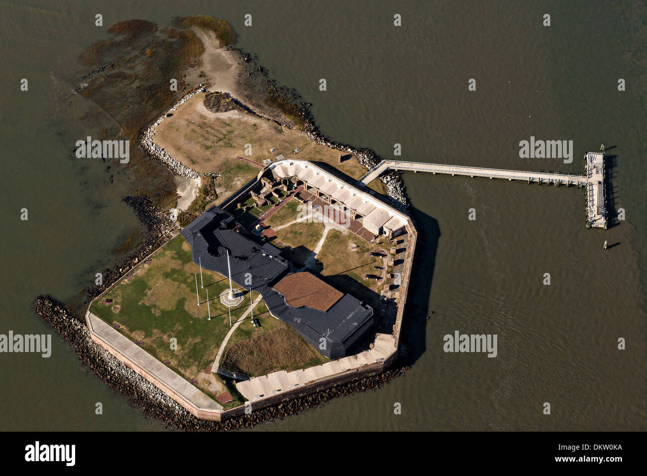 Aerial view of Fort Sumter National Monument site where the Civil War began in Charleston, SC. Stock Photo