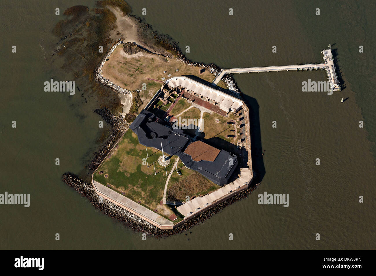 Aerial view of Fort Sumter National Monument site where the Civil War began in Charleston, SC. Stock Photo