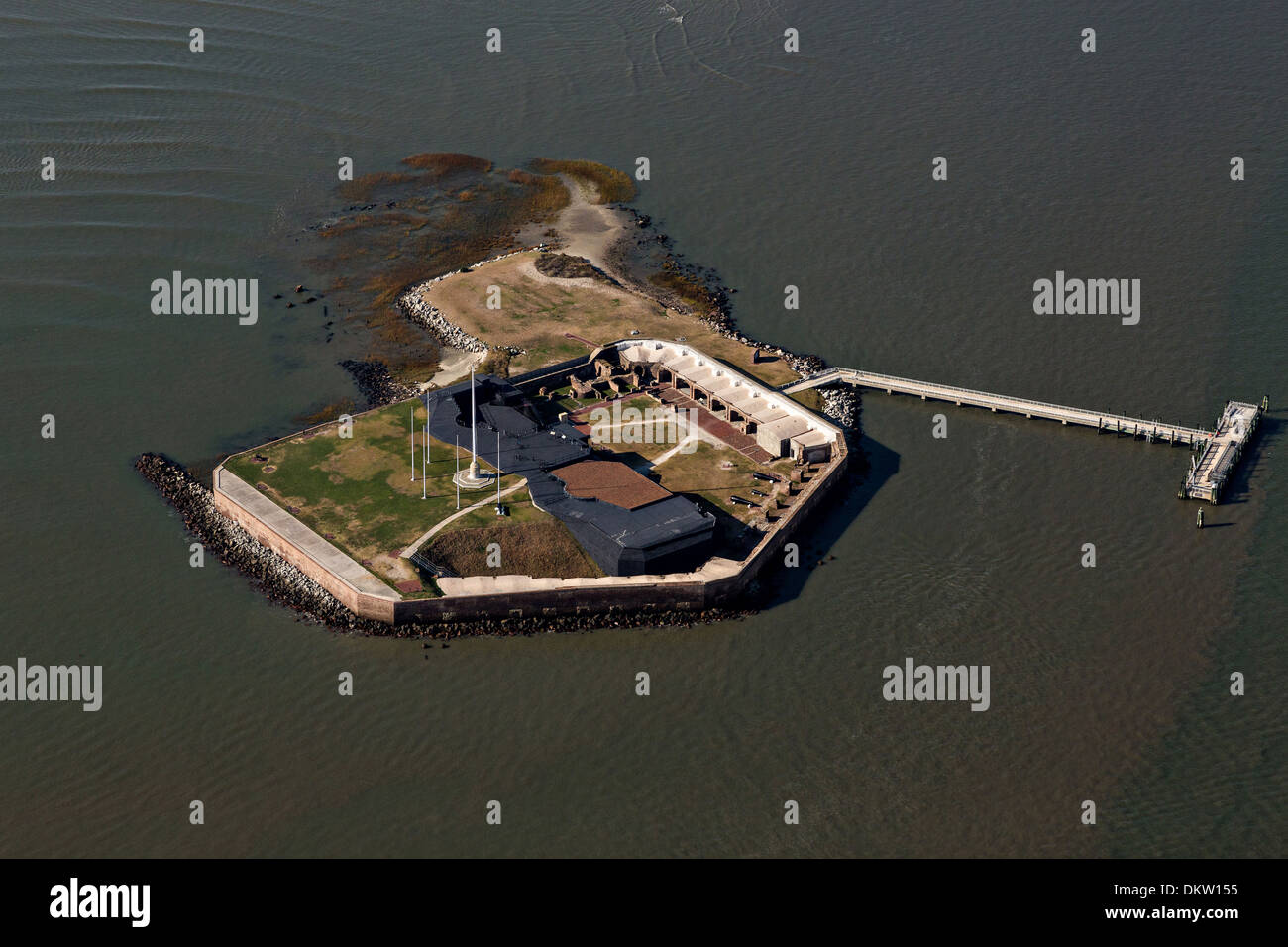 Aerial view of Fort Sumter National Monument site where the Civil War began in Charleston, SC. Stock Photo