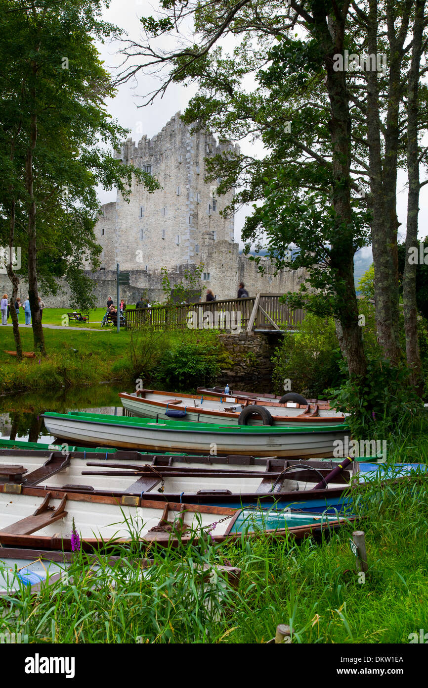 Boats in Ross Castle. Killarney National Park. County Kerry, Ireland, Europe. Stock Photo