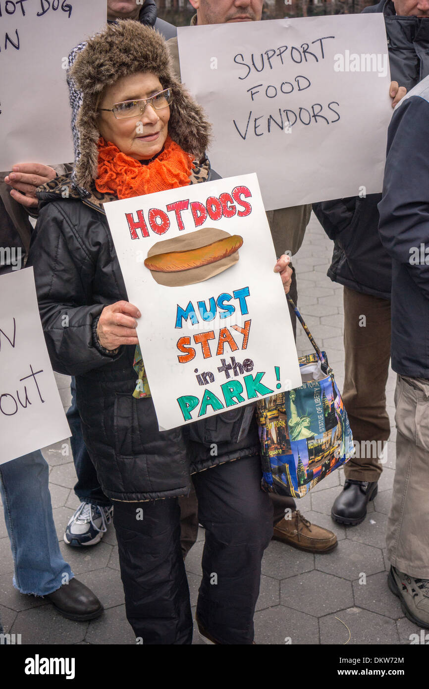 Hot dog vendors and their supporters protest the refusal to renew the leases of hot dog vendors from Washington Square Park Stock Photo