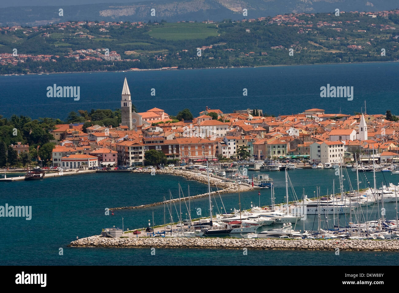 Adriatic Old Town anchor outside Balkan boats Europe Izola marina sail boats Slovenia town city town view yachts yacht harbour Stock Photo