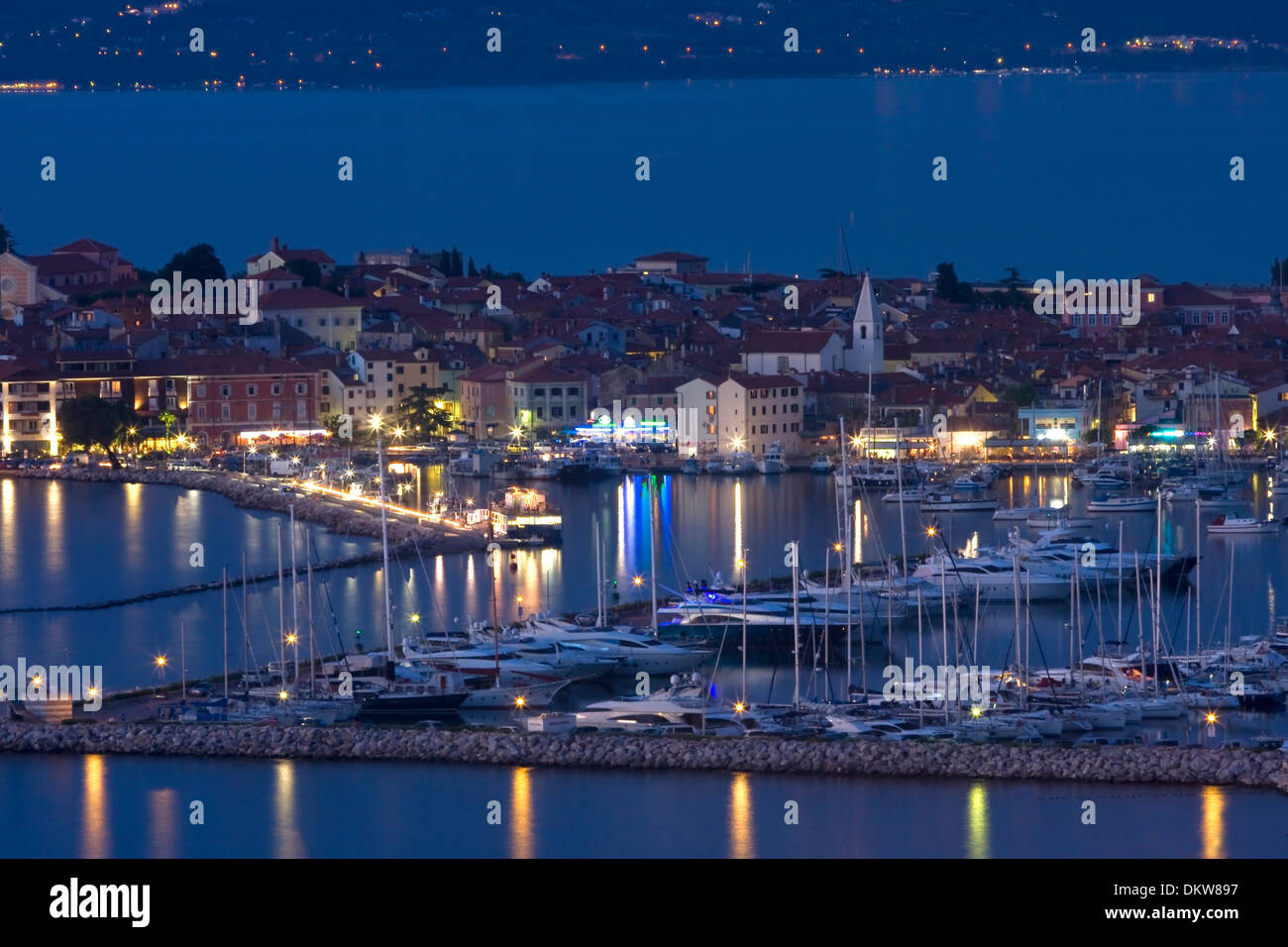 Evening evening Adriatic Old Town anchor outside Balkan boats Europe Izola marina sail boats Slovenia town city town view Stock Photo