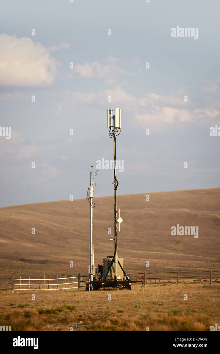 Mobile Cellular Tower in Wyoming Wilderness. Cellular Technology Stock Photo