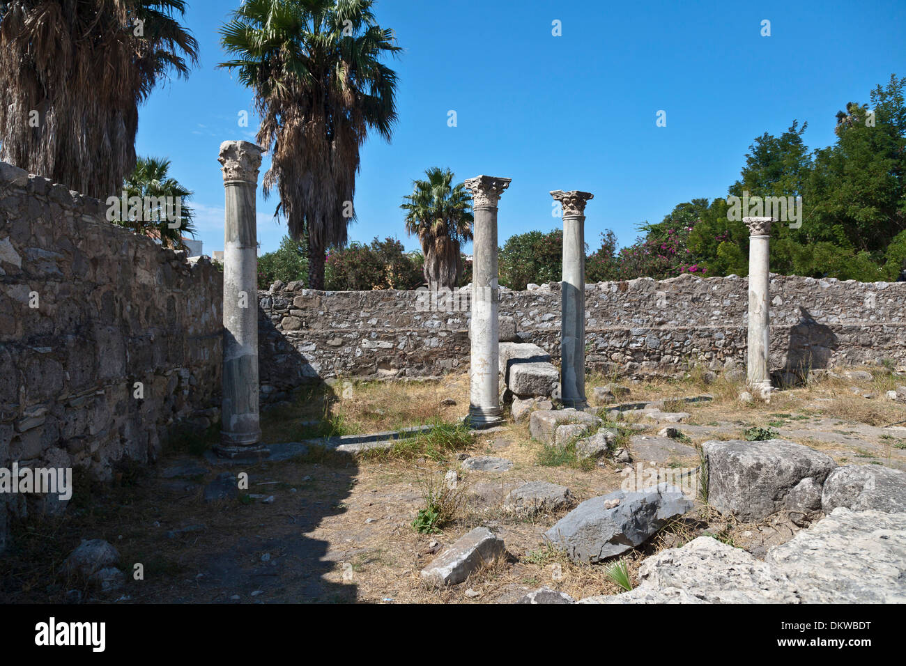 Kos Agora archeology excavation excavation site Greece Europe port island Cannelures Wall Walls Sea Mediterranean Sea Stock Photo