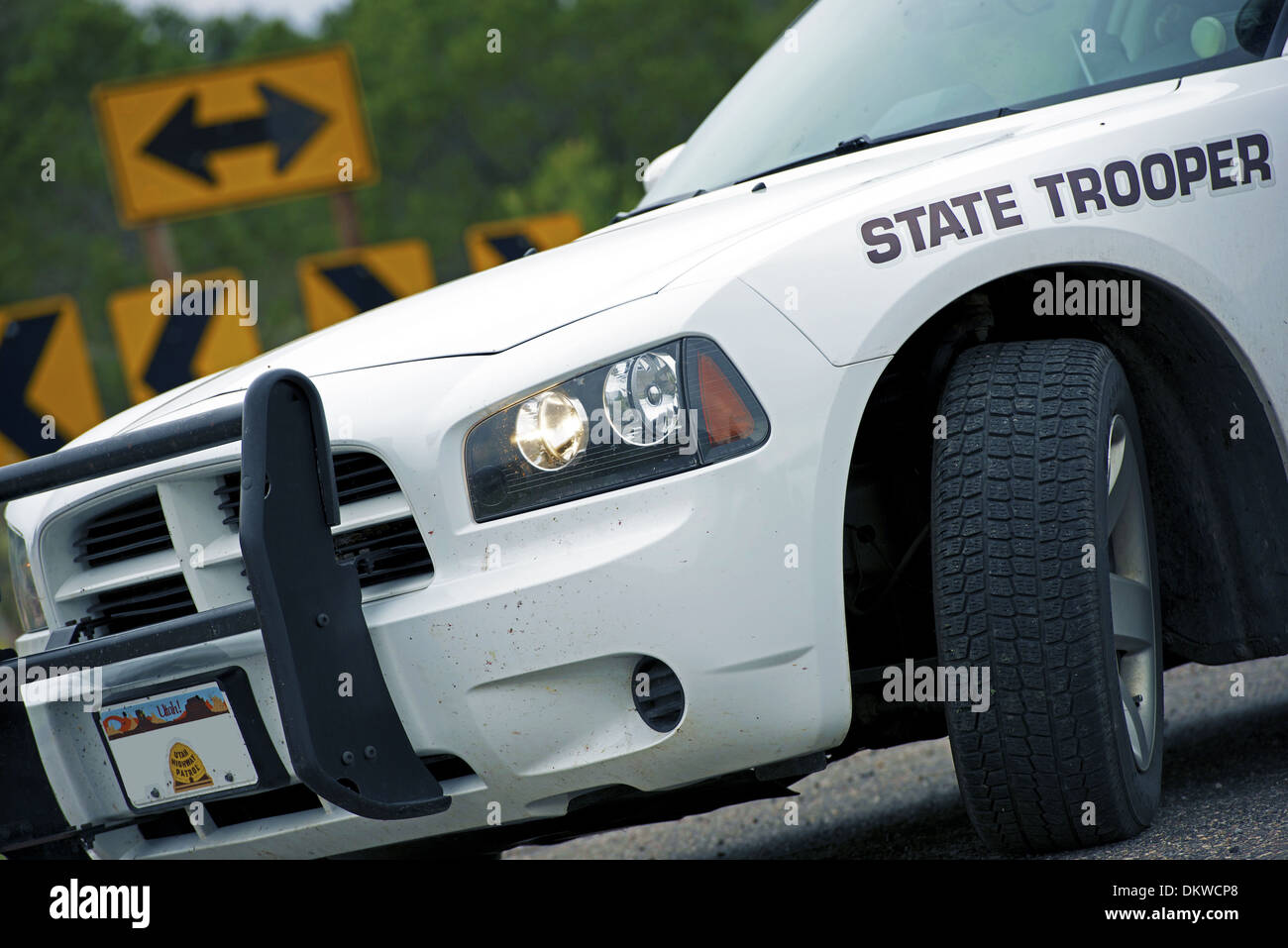 Police Cruiser State Trooper on a Highway. United States of America Police. Stock Photo