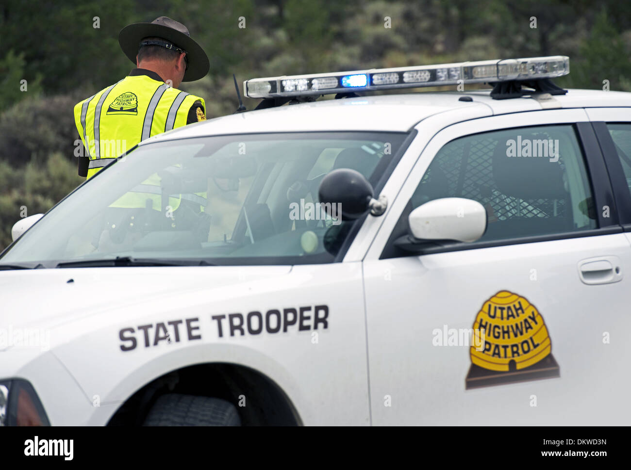 Utah State Trooper Cruiser. Police Car and Trooper. Police Photo Collection. Stock Photo