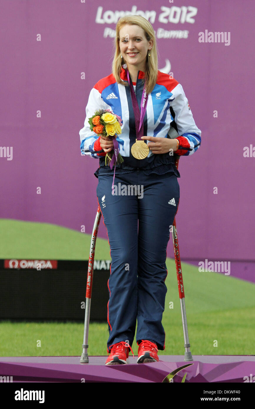 Danielle Brown (Gold) in the Women's Individual Compound - Open archery competition at the Royal Artillery barracks, Woolwich Stock Photo