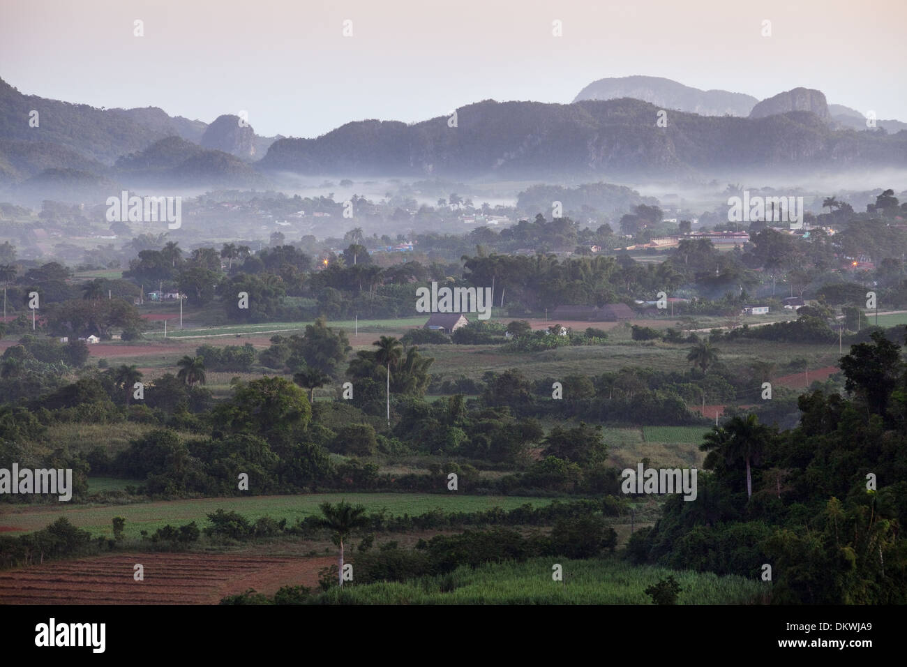 Sunrise over Vinales Valley, Cuba Caribbean, UNESCO World heritage Site Stock Photo
