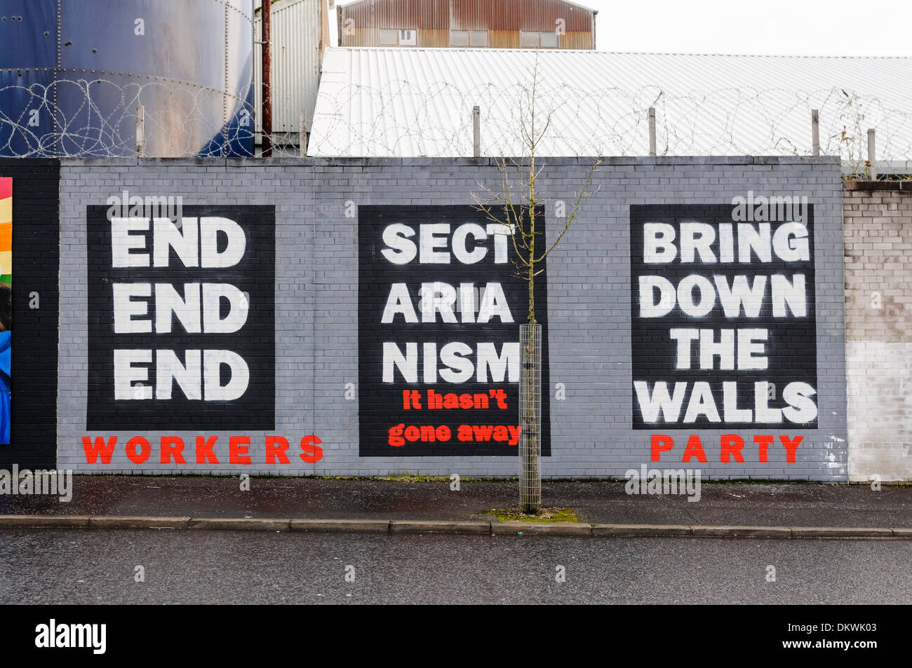 Mural at the International Peace Wall, Belfast from the Worker's Party, calling for an end to sectarianism Stock Photo