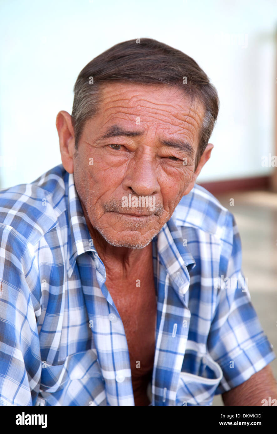 Cuban man, middle aged, age 50s, head and shoulders portrait, Vinales town, Cuba Caribbean Stock Photo