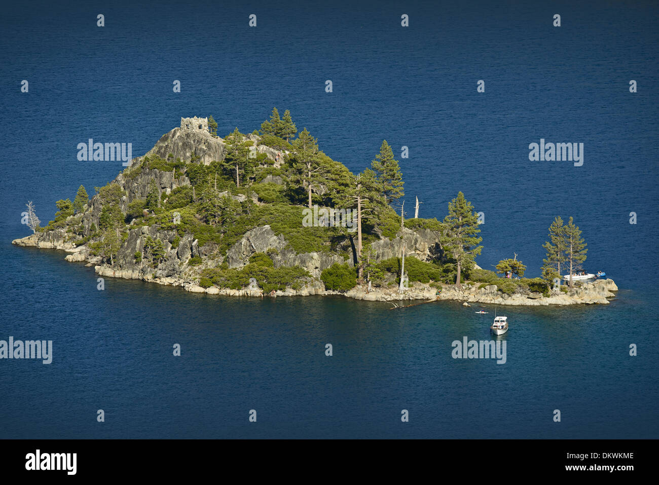 Lake Tahoe Island with Stone Tower (ruins of Tea House) on it. Lake Tahoe, California