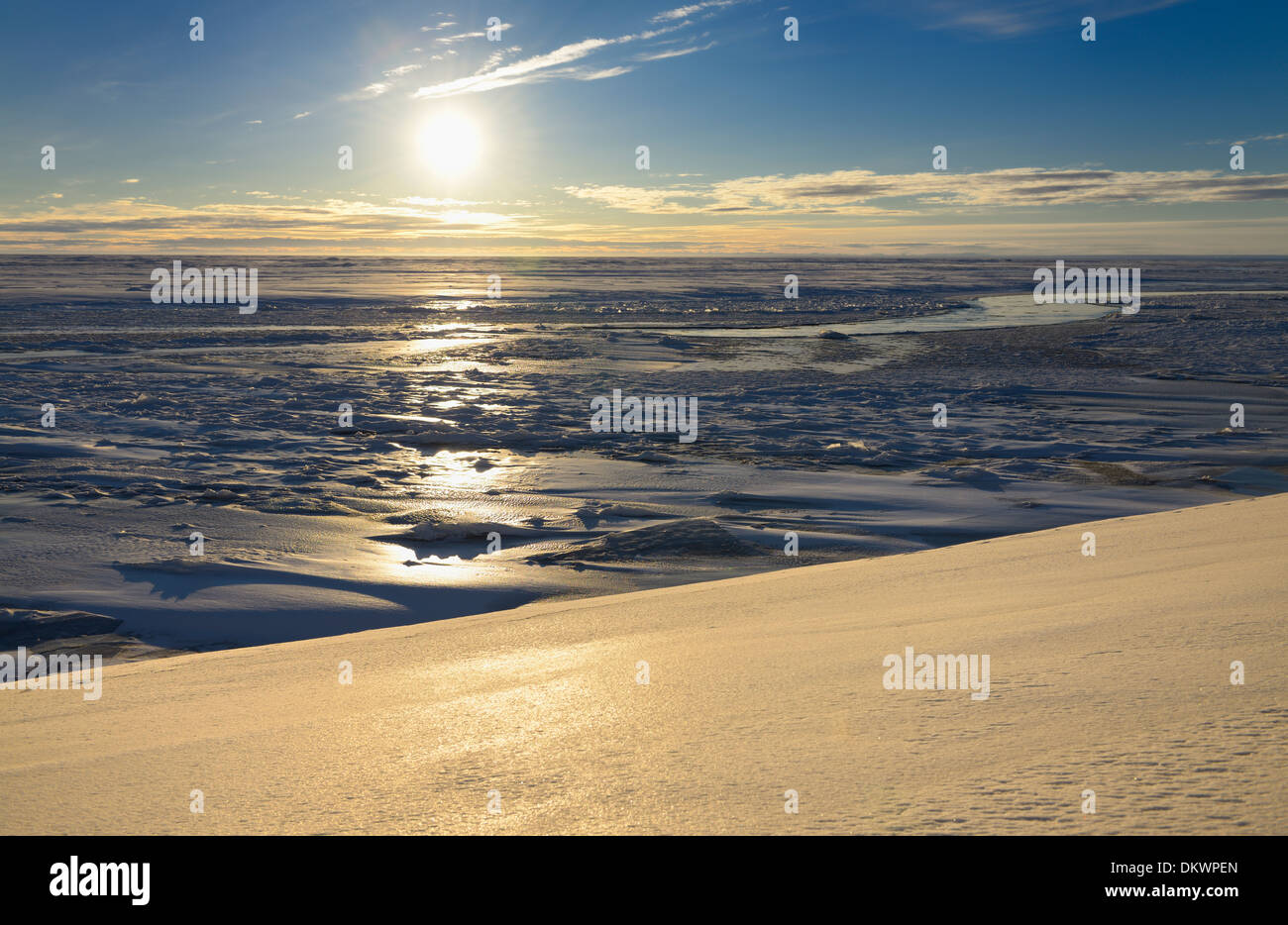 Ice and snow formations at the mouth of Sag river emptying into Prudhoe Bay Beaufort Sea Arctic Ocean Deadhorse Alaska USA Stock Photo