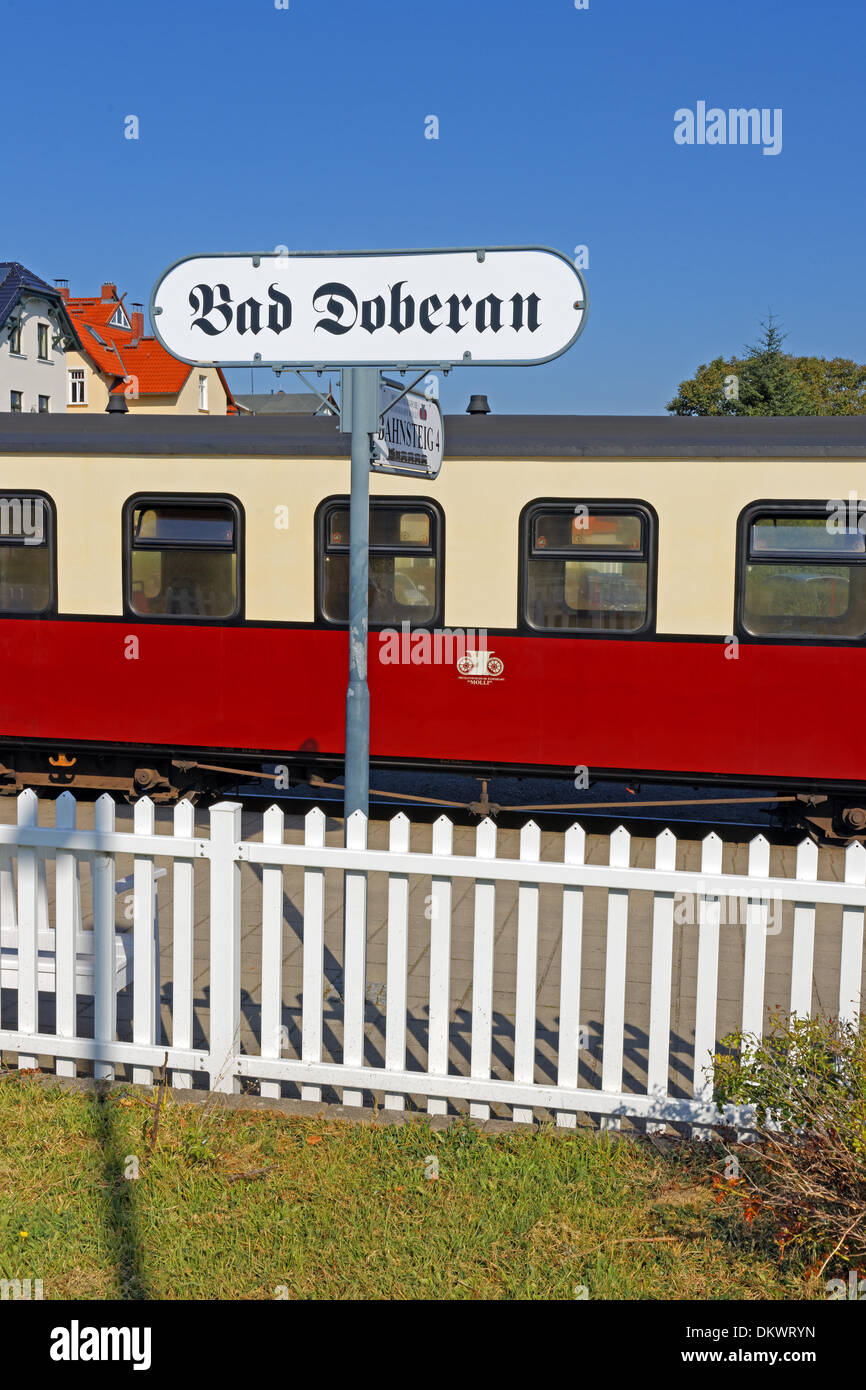 Europe Germany DE Mecklenburg-West Pomerania Bad Doberan railway station sign Mecklenburg Bäderbahn railway train Molli Stock Photo