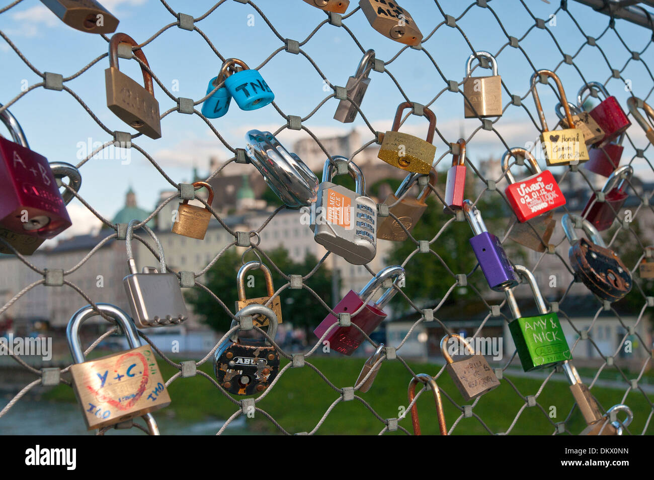 Salzburg, Austria, Europe, Salzach, bridge, grid, fence, lock, locks, love locks, symbol, love Stock Photo