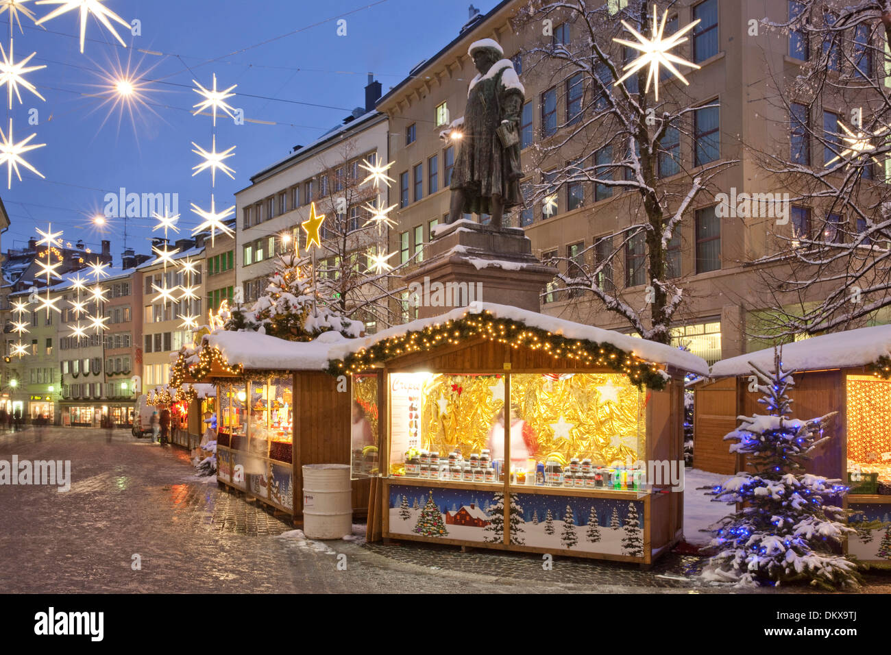 Switzerland Europe night dark Christmas Advent canton SG St. Gallen St. Gall market Christmas fair evening lights winter Stock Photo