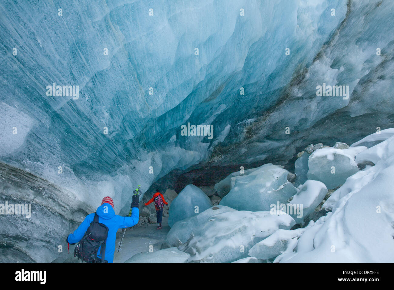 Switzerland Europe winter canton Valais Zinal Val d'Anniviers ice glacier ice mouth of glacier walking hiking adventure Stock Photo