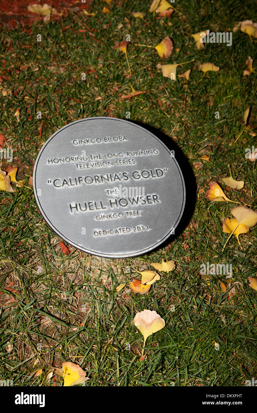 A memorial to Huel Howser and "Californias gold" TV series at the base of a Ginkgo tree at