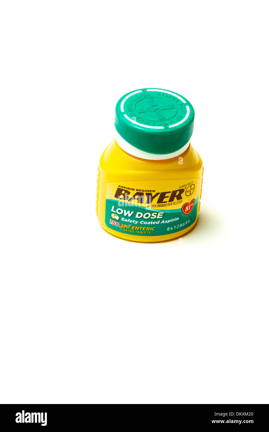 Bayer low dose safety coated 81 mg aspirin tablet container against a white background Stock Photo
