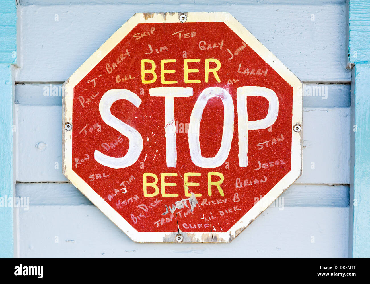 Stop Beer sign outside restaurant at end of pier in Anna Maria, Anna Maria Island, Manatee County, Gulf Coast, Florida, USA Stock Photo