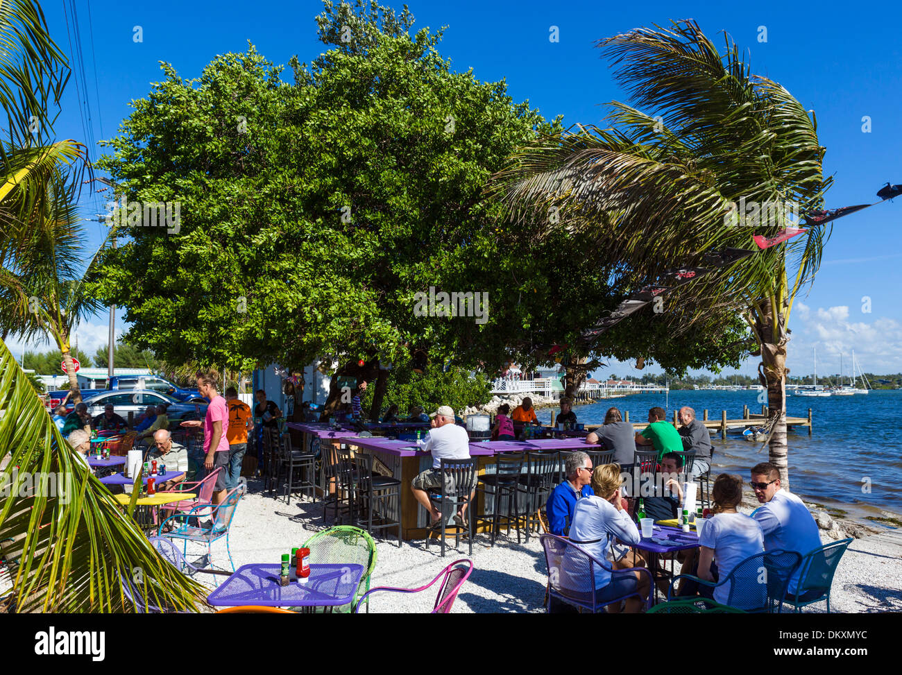 Waterfront bar at the Bridgetender Inn near Bridge Street pier, Bradenton Beach, Anna Maria Island, Gulf Coast, Florida, USA Stock Photo