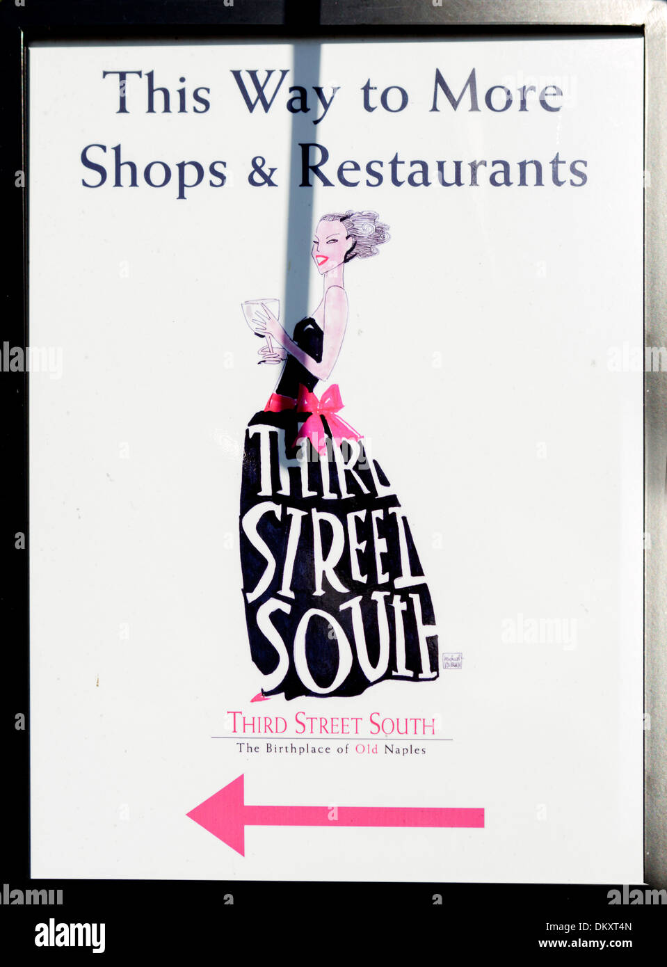 Sign advertising shops and restaurants on Third Street South in downtown Naples, Gulf Coast, Florida, USA Stock Photo
