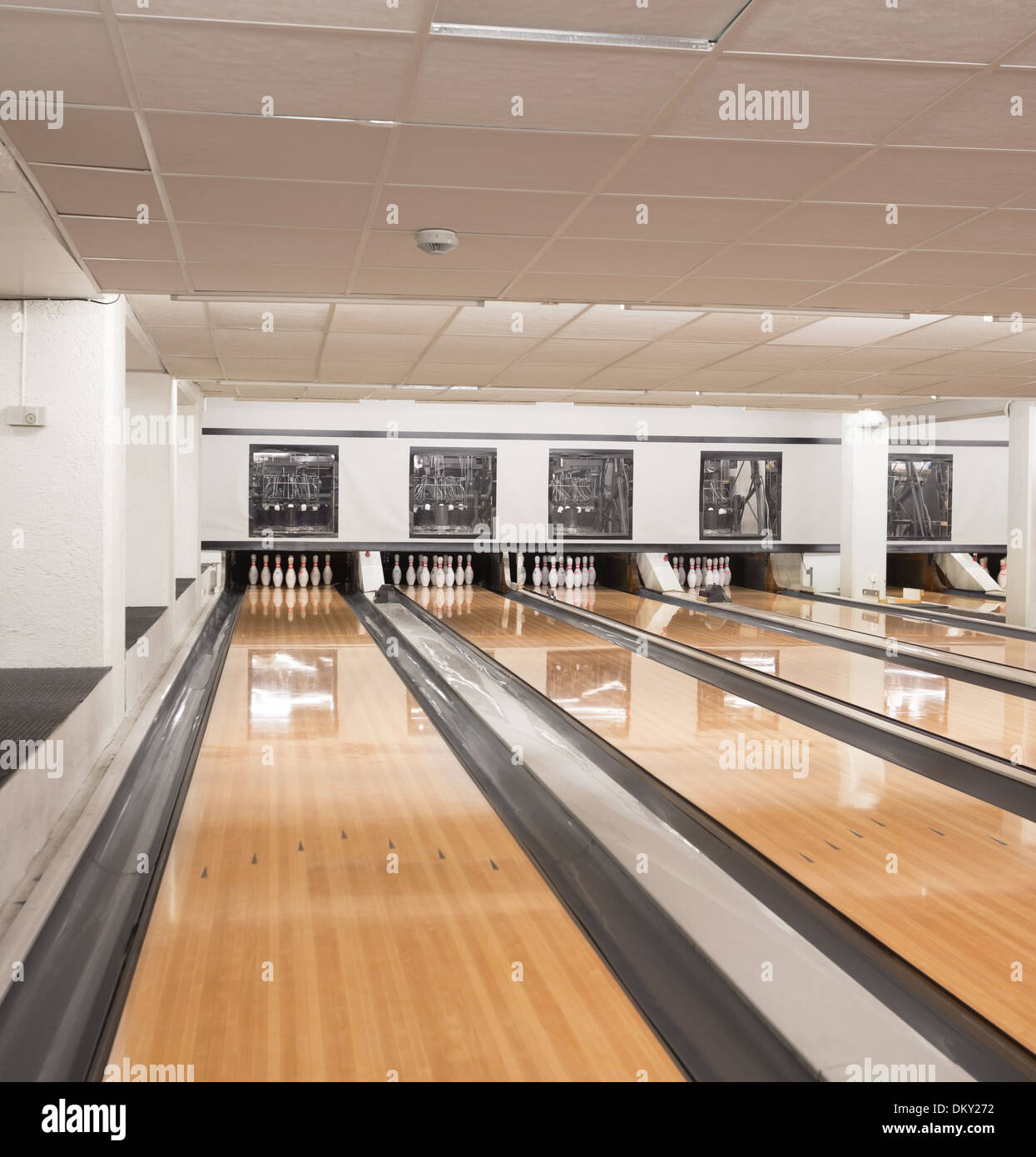 Pins At The End Of Bowling Alley Stock Photo