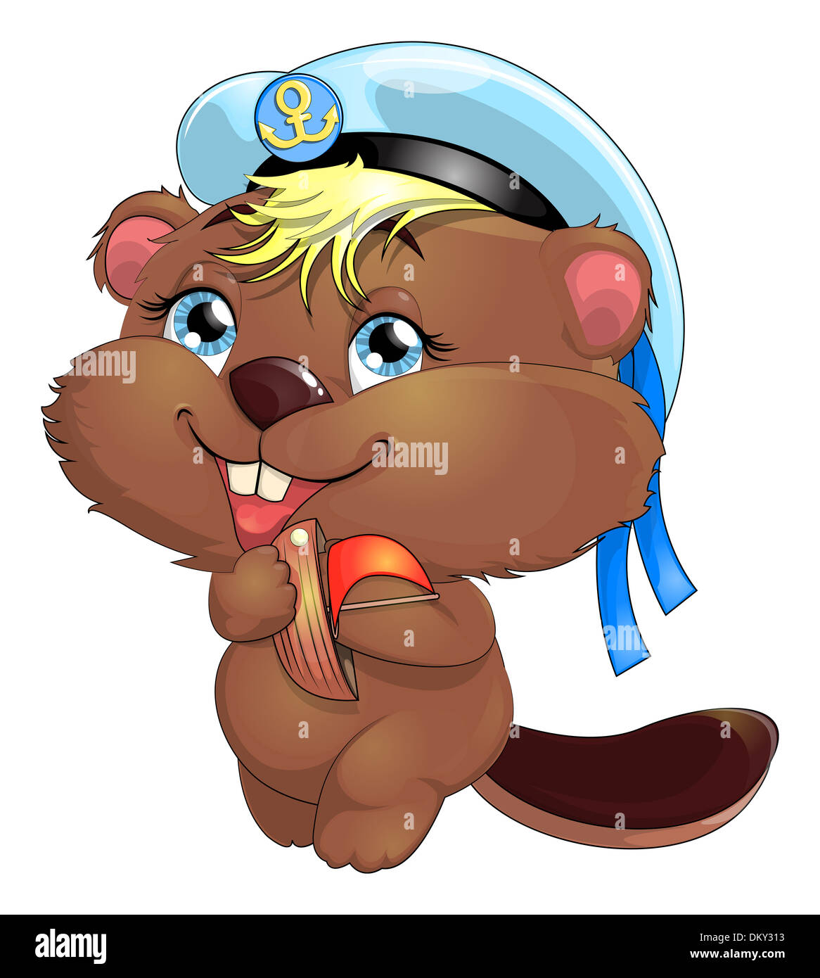 beaver in a peak-cap with a toy ship in pads Stock Photo