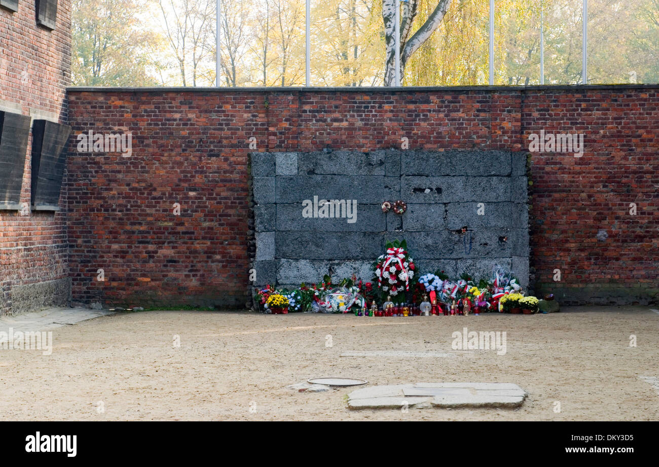 memorial wall Auschwitz German Nazi concentration death camp Polish people Jews executed tortured Auschwitz-Birkenau Museum Pola Stock Photo