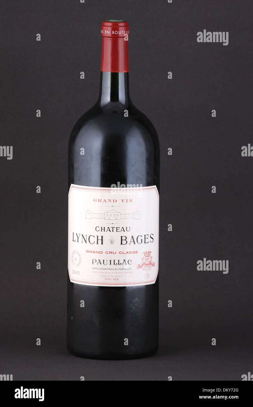 A bottle of French red wine Chateau Lynch Bages, Grand Cru Classe Pauillac Bordeaux Stock Photo