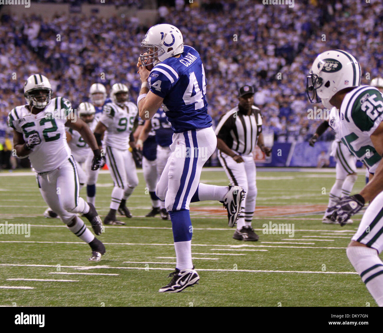 Jan. 24, 2010 - Indianapolis, Kentucky, USA - Colts tight end Dallas Clark caught this 15 yrd Peyton Manning pass for a fourth quarter touchdown as the Indianpolis Colts defeated the New York Jets in the AFC Championship 30-17  on Sunday January 24, 2010 in  Indianapolis,IN. Photo by Mark Cornelison | Staff. (Credit Image: © Lexington Herald-Leader/ZUMApress.com) Stock Photo