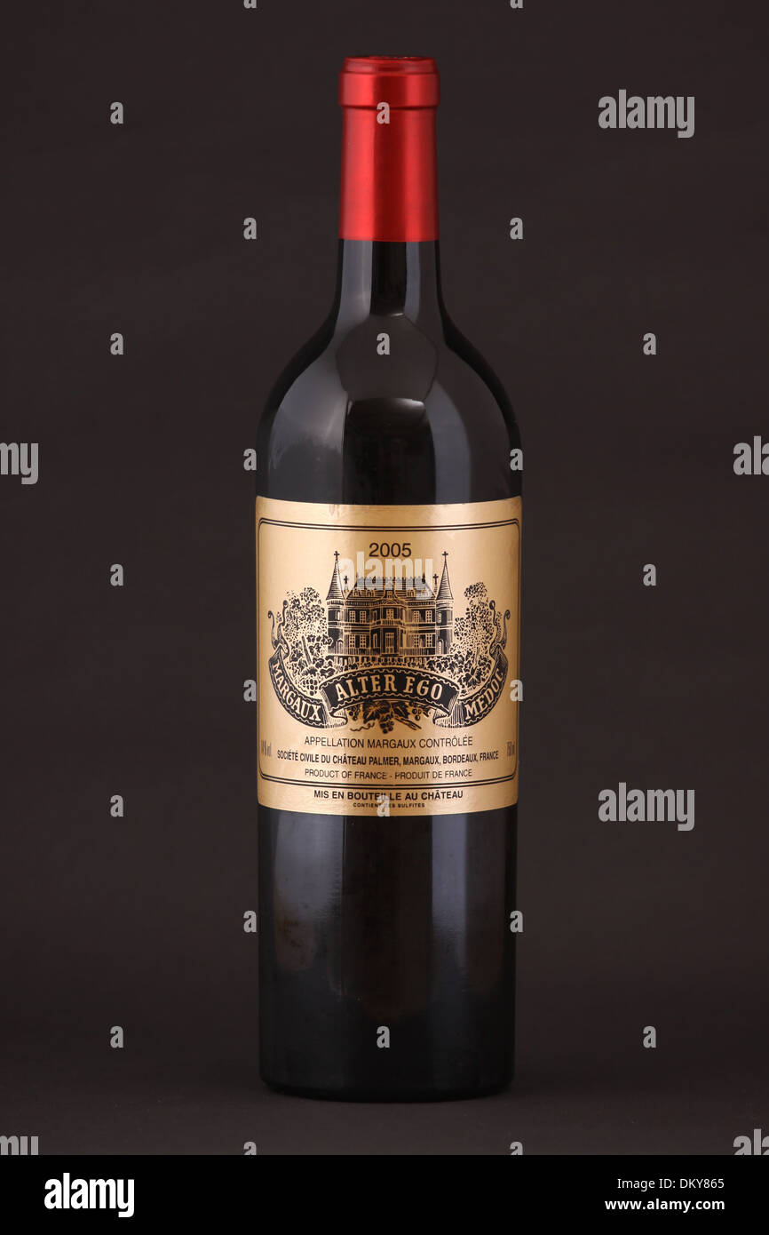 A bottle of French red wine, Alter Ego, Margaux, Bordeaux of year 2005 Stock Photo