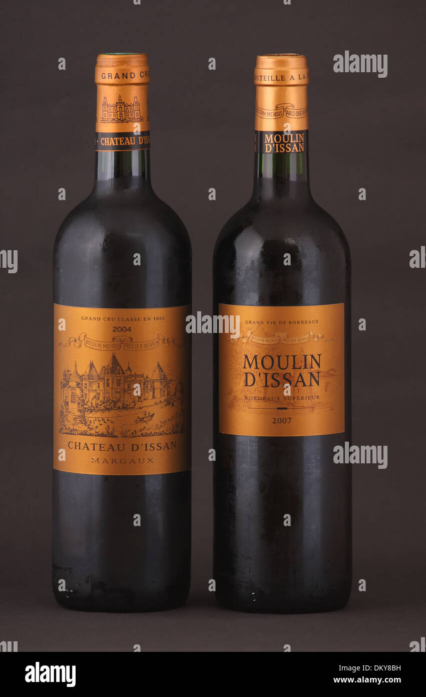 Two bottles of French red wine, first growth Chateau d'Issan, Margaux, Grand Cru Classe, 2004, second growth is Moulin d'Issan Stock Photo