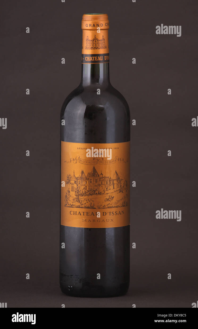 A bottle of French red wine, Grand Cru Classe, Bordeaux, Chateau d'Issan, Margaux, of year 2004 Stock Photo