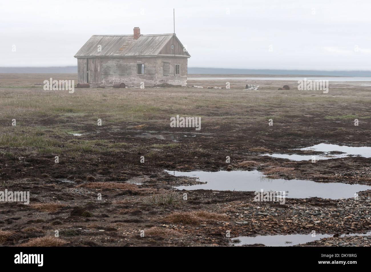 Abandoned house along Mammoth River, Wrangel Island, Russian Far East, Unesco World Heritage Site Stock Photo