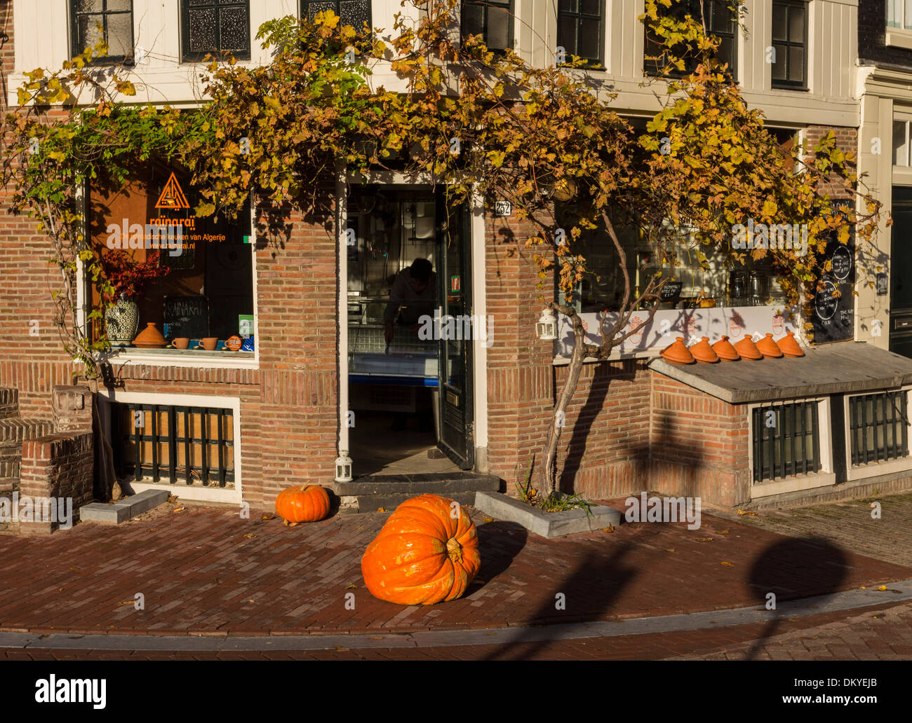 AMSTERDAM RESTAURANT WITH A GRAPE VINE ON THE WALL AND A PUMPKIN ON THE PAVEMENT Stock Photo