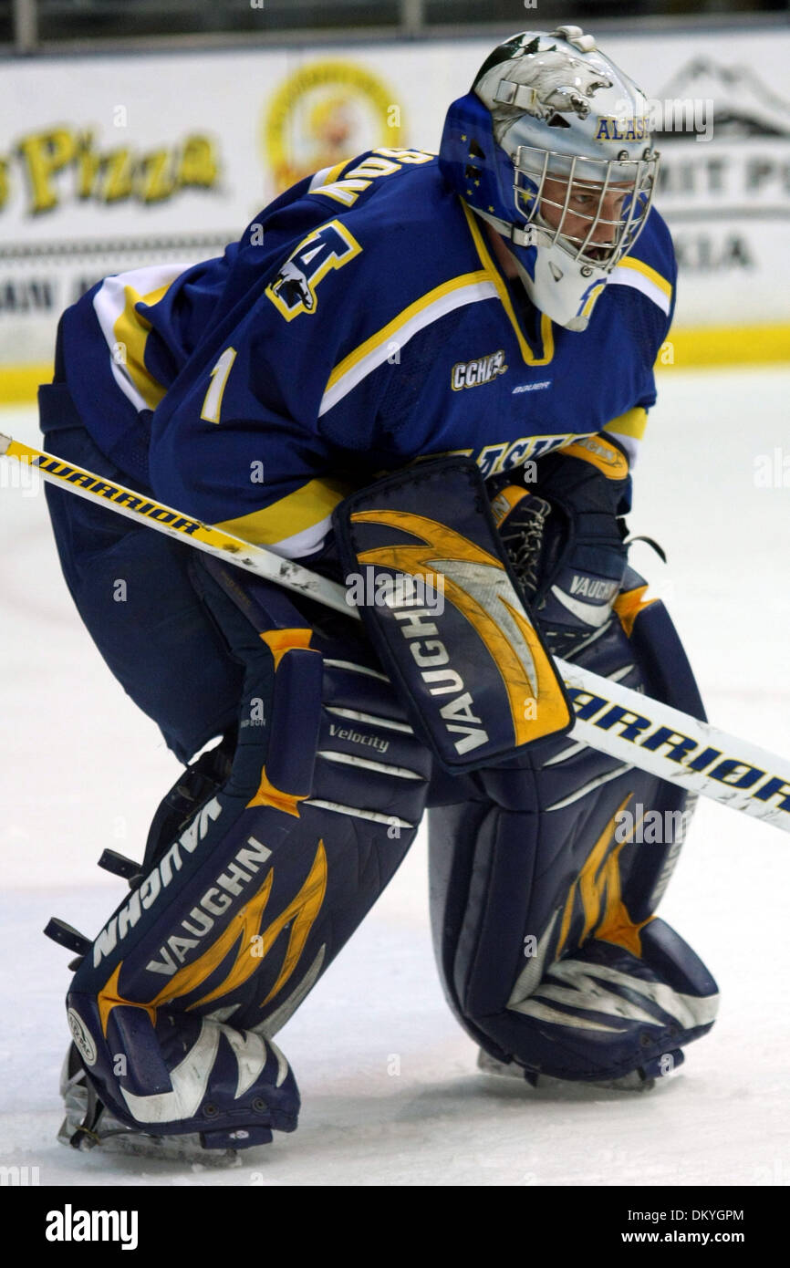 Jan. 15, 2010 - Ann Arbor, Michigan, USA - 15 January 2010: Alaska goalie Steve Thompson (1) gets ready for a faceoff on the right side of the net. Michigan defeated Alaska 6-0 in a game played at Yost Arena in Ann Arbor, Michigan. (Credit Image: © Alan Ashley/Southcreek Global/ZUMApress.com) Stock Photo