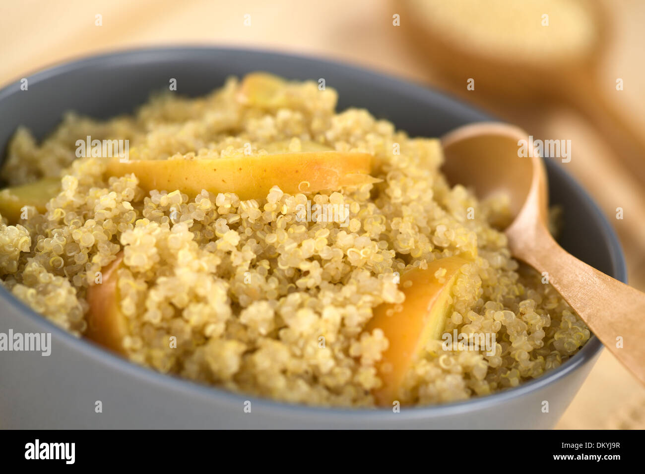 Quinoa porridge with apple and cinnamon, which is a traditional Peruvian breakfast, served in a
