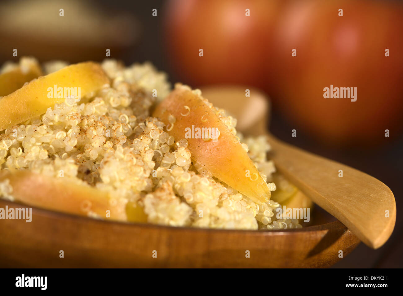 Quinoa porridge with apple and cinnamon, which is a traditional Peruvian breakfast, served on