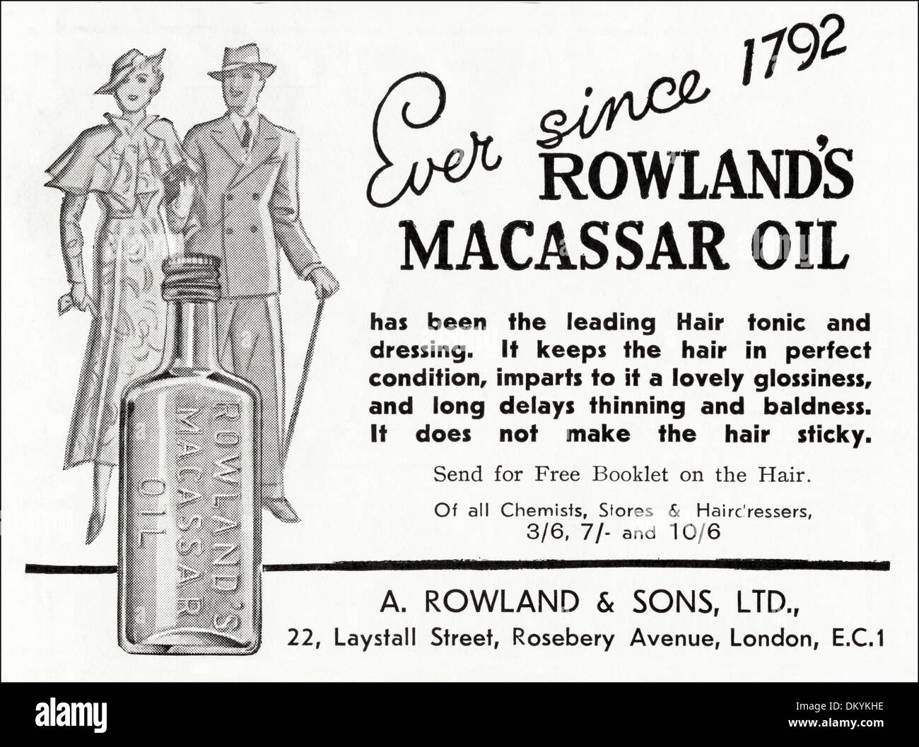 1930s original vintage magazine advertisement advertising ROWLAND'S MACASSAR OIL hair tonic Stock Photo