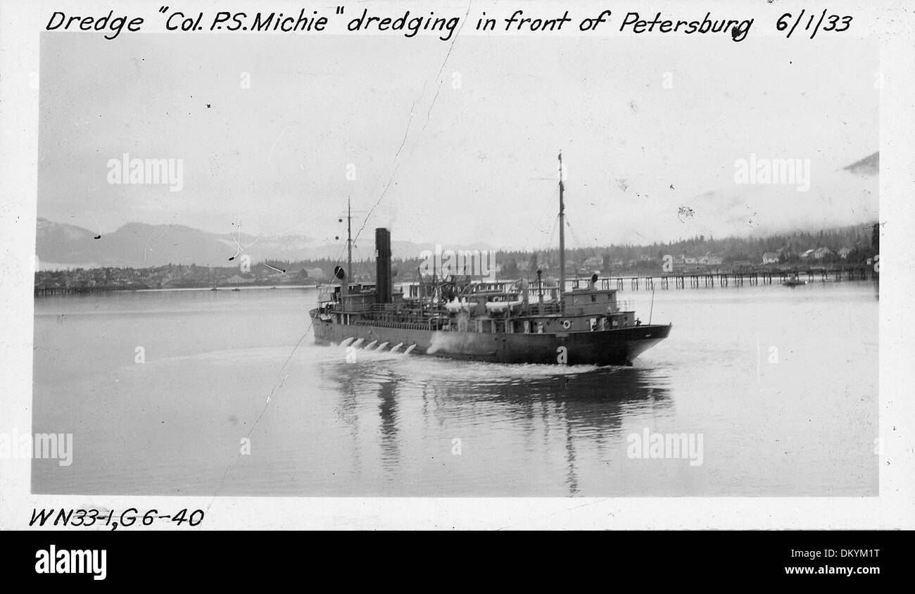 Wrangell Narrows, Alaska. U.S.E.D. Dredge 'col. P.S. Michie' dredging Wrangell Narrows in front