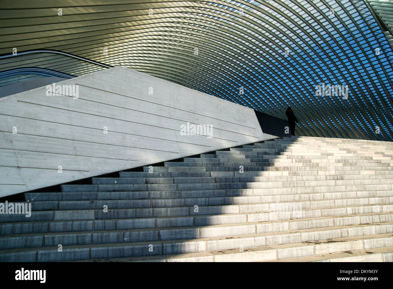 Stairs and roof of a railway station in Liege, Belgium, with a woman standing on platform. Stock Photo