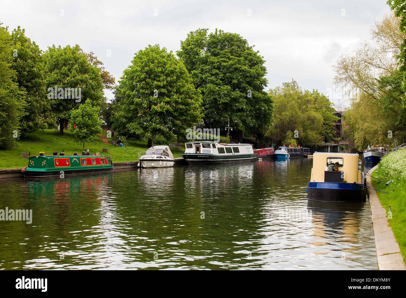 GV of boats on the River Cam in Cambridge. Stock Photo