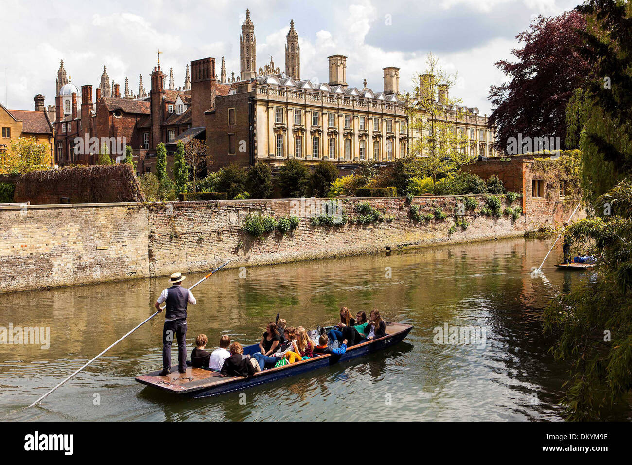 Groups of people punt down the River Cam in Cambridge, past Kings College today, Thursday in the spring sunshine, May 16 2013. Stock Photo