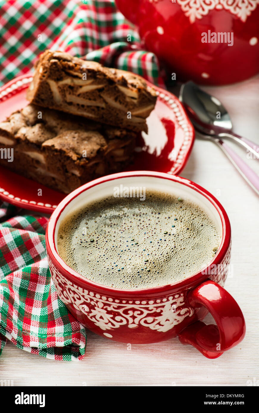 Cup of coffee and chocolate pie, selective focus Stock Photo