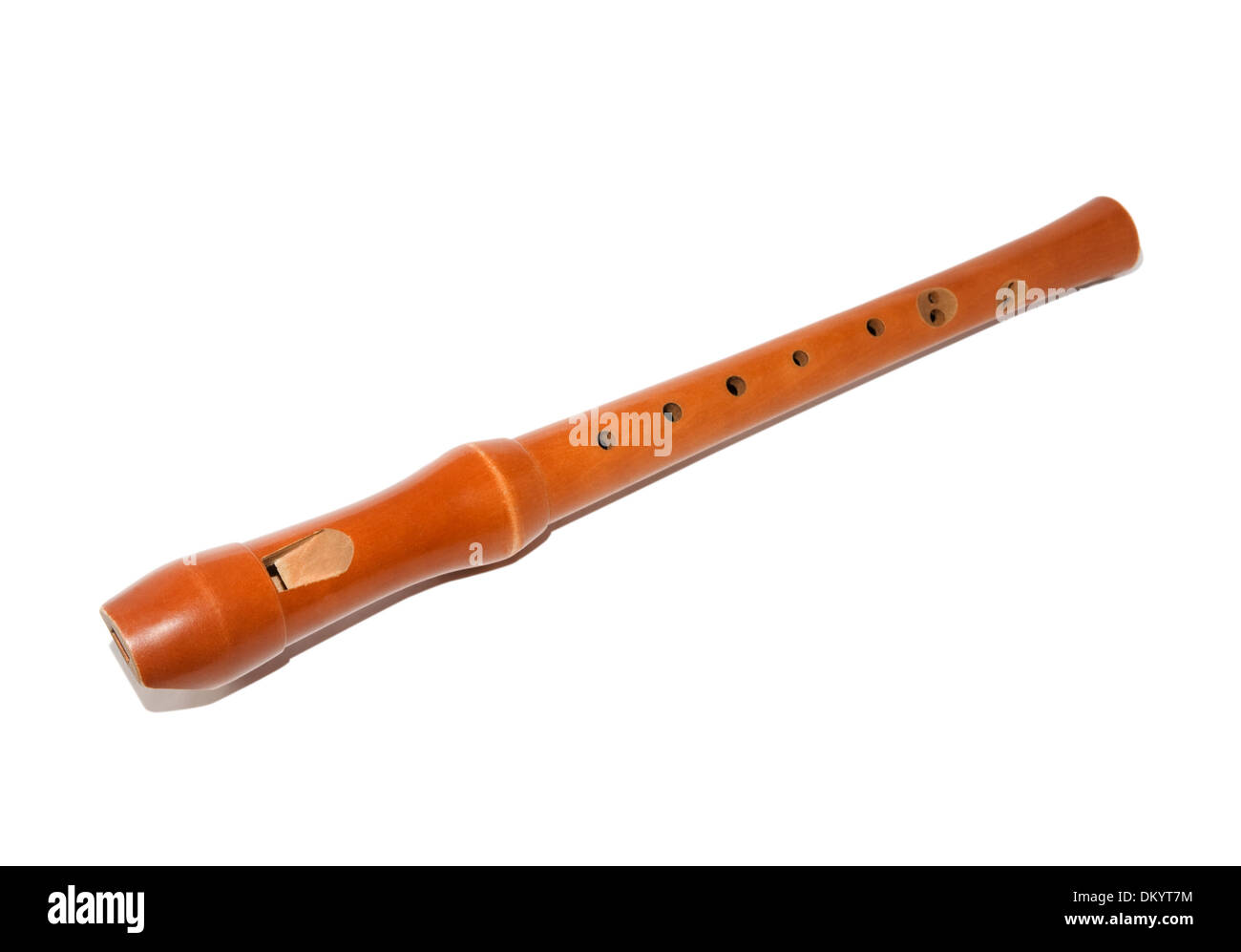Brown wooden soprano recorder isolated over white Stock Photo